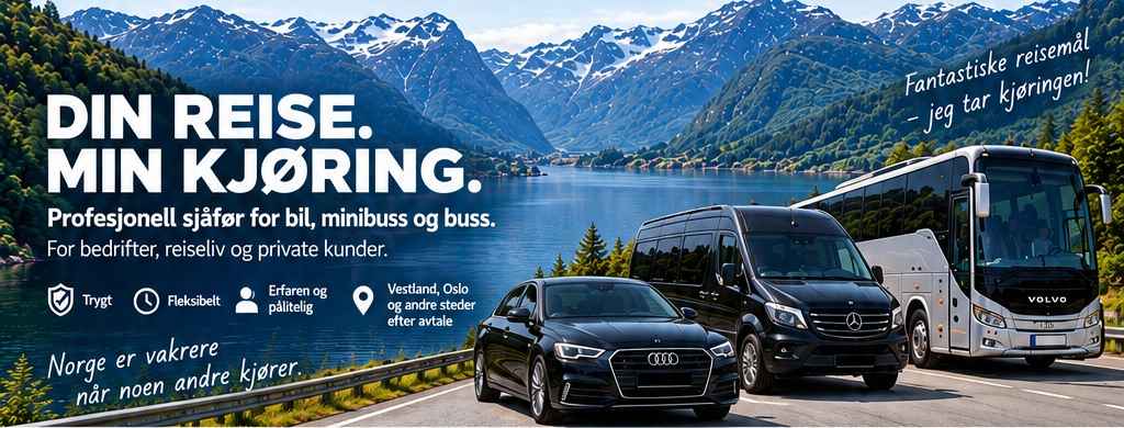 Sjåførtjenester for bil, minibuss og buss i norsk fjordlandskap